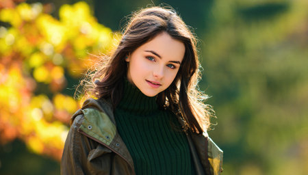 Cute smiling teen girl with leaves on fall nature background. Autumn happy teenager.