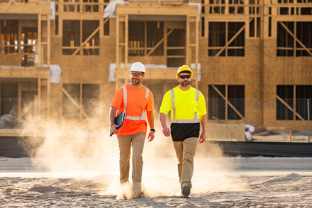 Builders working. Successful construction site workers with builders equipment. Construction site...