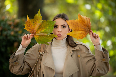Happy woman holding autumn leafs on face in fall nature. Portrait of young woman with autumn maple...