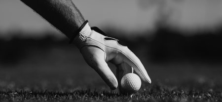Golfer man hand with golf glove. Golf player playing golf on sunny day, banner.