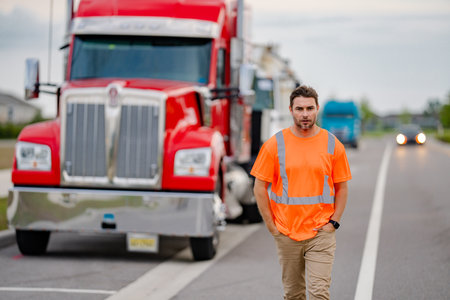 Men driver near lorry truck. Truck driver in safety vest near truck. Trucker trucking owner....