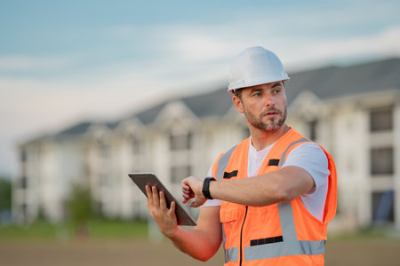 Engineer with tablet, building inspection. Construction man in helmet build new house. Engineer work in builder uniform and hard hat. Millenial hispanic engineer builder.の写真素材