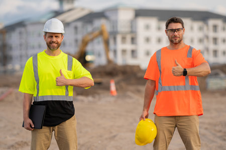 Construction site workers in a helmet work hard. Two workers in a hard hat is responsible for ensuring safety while constructing buildings. Builders workers personal protective equipment.の写真素材