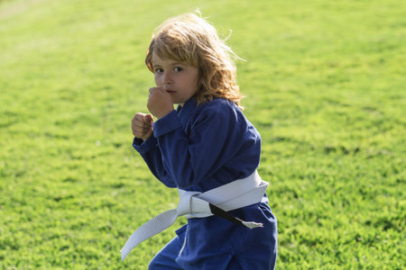 Kid boy practicing karate outdoor. Sport karate kids. Little boy wearing kimono doing karate in park. Child training box. Little karate fighter. Martial arts for kids. Child in kimono boxing punch.の写真素材