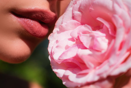 Pink lips. Natural paint from the lips. Sensual lips on beautiful model girls mouth. Beauty makeup close up. Spring flowes.の写真素材