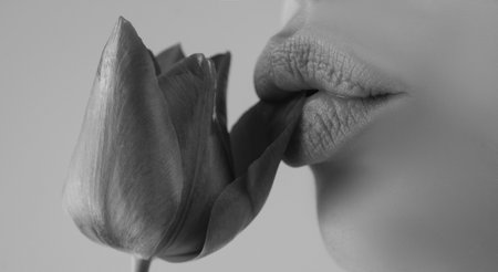 Closeup sensual lips. Woman mouth. Sexy plump lip lipstick.の写真素材
