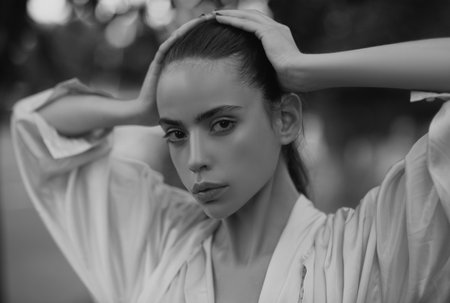 Portrait of young woman outdoor. Romantic girl with beauty face. Pretty happy lady enjoying summer outdoors.の写真素材