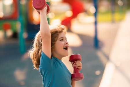 Kids sport training on playground outdoor. Sport activities at leisure with children. Sporty kid boy...