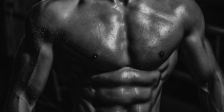 Muscular body close up. Bare torso man, male abs and body. Naked Man. Nude male torso. Sexy man gay body. Abs, six pack, workout.の写真素材