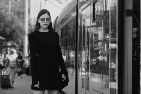 Outdoor portrait of young elegant woman waiting trolleybus bus. Young fashion model, urban style.の写真素材
