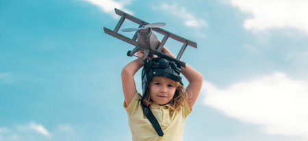 Freedom carefree and kids dream. Child dreams of future. Kid pilot aviator dreaming. Child dream...