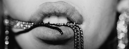 Sensual lips. Fashion beauty boutique advertising. High fashion model woman in colorful bright lips. Beauty trends.の写真素材