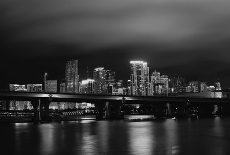 Skyline of miami biscayne bay reflections, high resolution. Miami downtown.の写真素材