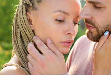 Man with woman kisses. Sensual kiss. Hot foreplay. Sex education and love story.