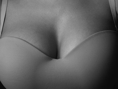 Sexy large breasts. Woman breas, boobs in bra, sensual tits. Beautiful slim female body. Lingerie model. Closeup boob.の写真素材
