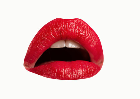 Open mouth woman close up. Sexy red female lips. Sensual open mouth. Isolated lip, surprised wow icon.の写真素材