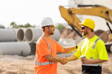 Two construction workers with hardhat helmet on construction site. Construction engineer workers in...