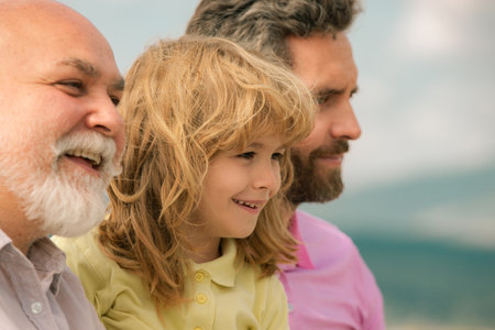 Men generation portrait of grandfather father and son child. Fathers day. Men in different ages....
