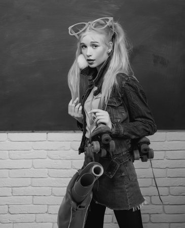 Just want have fun. Creative style. Self expression and fashion. Fancy schoolgirl. School fashion. Creative teen. Fashionable girl creative student chalkboard background. Stylish creative modern girlの写真素材