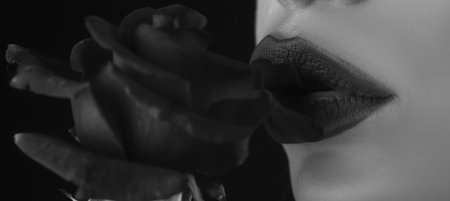 Sexy plump lips. Lips with red lipstick closeup. Beautiful woman lips with red rose.の写真素材