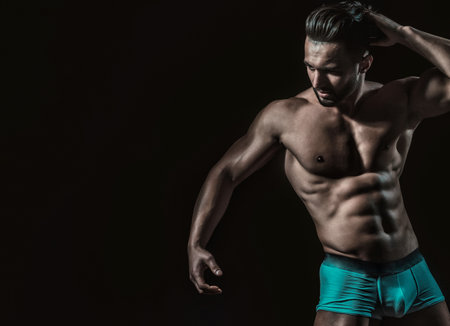 Sexy male model body, nude torso. Sexy naked man, seductive gay. Muscular shirtless man, attractive guy. Athletic man, fitness model.の写真素材