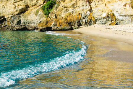 Summer beach, ocean waves on a tropical sea with deep blue wawes. Calm sea, ocean background.
