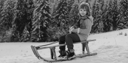Funny boy having fun with a sleigh in winter forest woods. Cute children sledging in a snow...