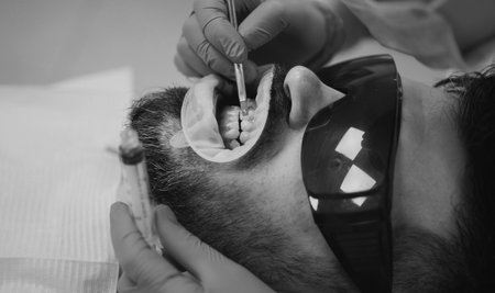Female dentist checking patient teeth with mirror in modern dental clinic. Patient having dental...