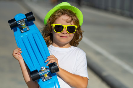 Outdoor fashion portrait of stylish child in fashion hat, fashion sunglasses hold skateboard near street. Outdoor urban kids lifestyle.の写真素材
