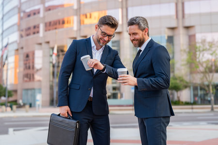 Business partners talking outdoor. Two businessmen discussing outdoor during business meeting. Businessmen talking. Brainstorm with serious colleague.の写真素材