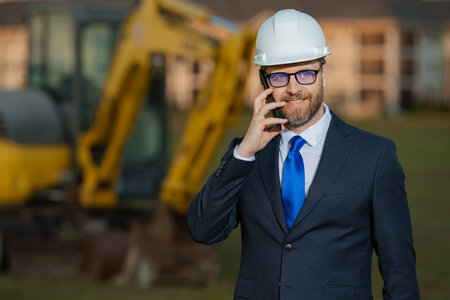 Construction builder manager or supervisor at a construction site. Portrait of construction manager worker in hardhat and suit near excavator. Renovation with construction manager or supervisor.の写真素材
