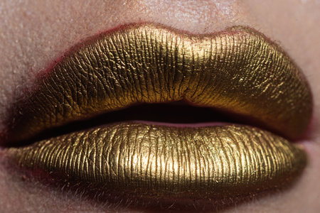 Lip with golden glitter effect. Woman mouth close up. Golden lipstick. Glamour luxury gold mouth....