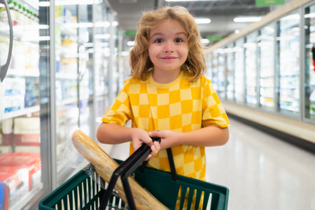 Kid in a food store or a supermarket. Little kid going shopping. Healthy food for kids.の写真素材