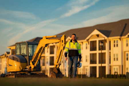 Builder near excavator. Builder worker with excavator. Builder in helmet. Worker in hardhat....