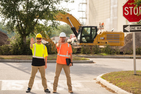 Builders on the job. Two builders in a hard hat at construction site. Men builders on construction...