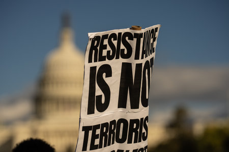 Washington DC, USA - October 21, 2023: Pro-Palestine, anti-Israel protesters. Israel and Hamas in the Gaza Strip. War between Israel and Palestine. Protest Signs at Palestine Protest in Washington DC.のeditorial素材