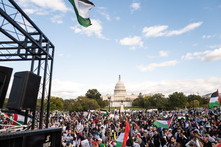 Washington DC, USA - October 21, 2023: Pro-Palestine, anti-Israel protesters. Israel and Hamas in the Gaza Strip. War Israel and Palestine. Hamas, tsahal and hasbullah war. Palestinian flag.のeditorial素材