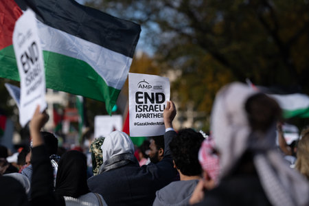 Washington DC, USA - October 21, 2023: Pro-Palestine, anti-Israel protesters. Israel and Hamas in...