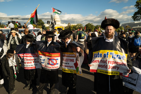 Washington DC, USA - October 21, 2023: Pro-Palestine, anti-Israel protesters. Israel and Hamas in...