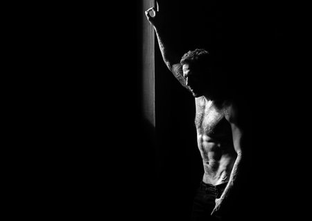 Sexy man. Strong muscular male body, muscles guy. Muscular athletic sexy male, naked torso.の写真素材