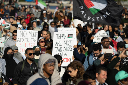 Washington DC, USA - October 21, 2023: Pro-Palestine, anti-Israel protesters. Israel and Hamas in the Gaza Strip. War Israel and Palestine. Hamas, tsahal and hasbullah war. Palestinian flag.のeditorial素材
