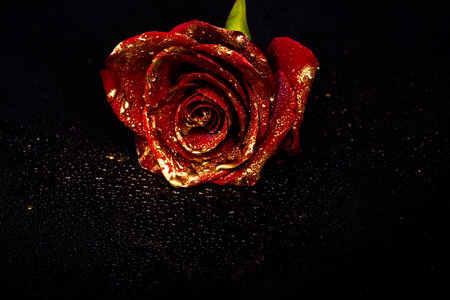 Rose with gold paint petals. Closeup of golden roses. Gold rose wallpaper. Gold roses flower, decorative rose design element, rose pattern. Red roses covered with golden paint.の写真素材