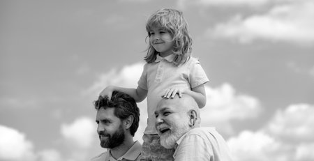 Men generation portrait of grandfather father and son child. Fathers day. Men in different ages of...