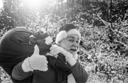 Santa portrait close up. New year Christmas concept. Santa Claus pulling huge bag of gifts on white nature background.の写真素材