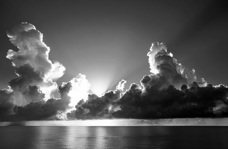 Cloudy sky on sea sunset, sunrise on ocean beach. Sunset landscape in the sky after sunset. Sunrise...