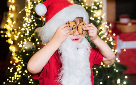 Portrait of Santa Claus Drinking milk from glass and holding cookies. Christmas Beard style. Merry Christmas. Santa boy in Santa hat. Christmas food and drink.の写真素材