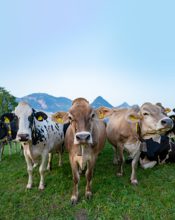 Cow pasture in Alps. Cows in pasture on alpine meadow in Switzerland. Cow pasture grass. Cow on...