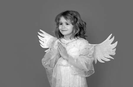 Kid wearing angel costume white dress and feather wings with prayer hands, hope and pray concept. Innocent child.の写真素材