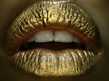 Glamour cosmetic. Golden lipstick closeup. Lips with metal makeup. Sexy lips, Metallic lipstick close up.の写真素材