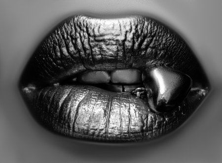 Sensual golden woman lips. Womans gold lip. Female mouth close up with golden lipstick.の写真素材